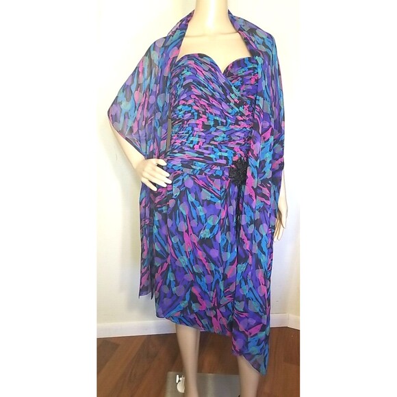 Vintage A J Bari Vibrant Knee Length Strapless Dress with Scarf Size 10      T44 - Picture 4 of 12